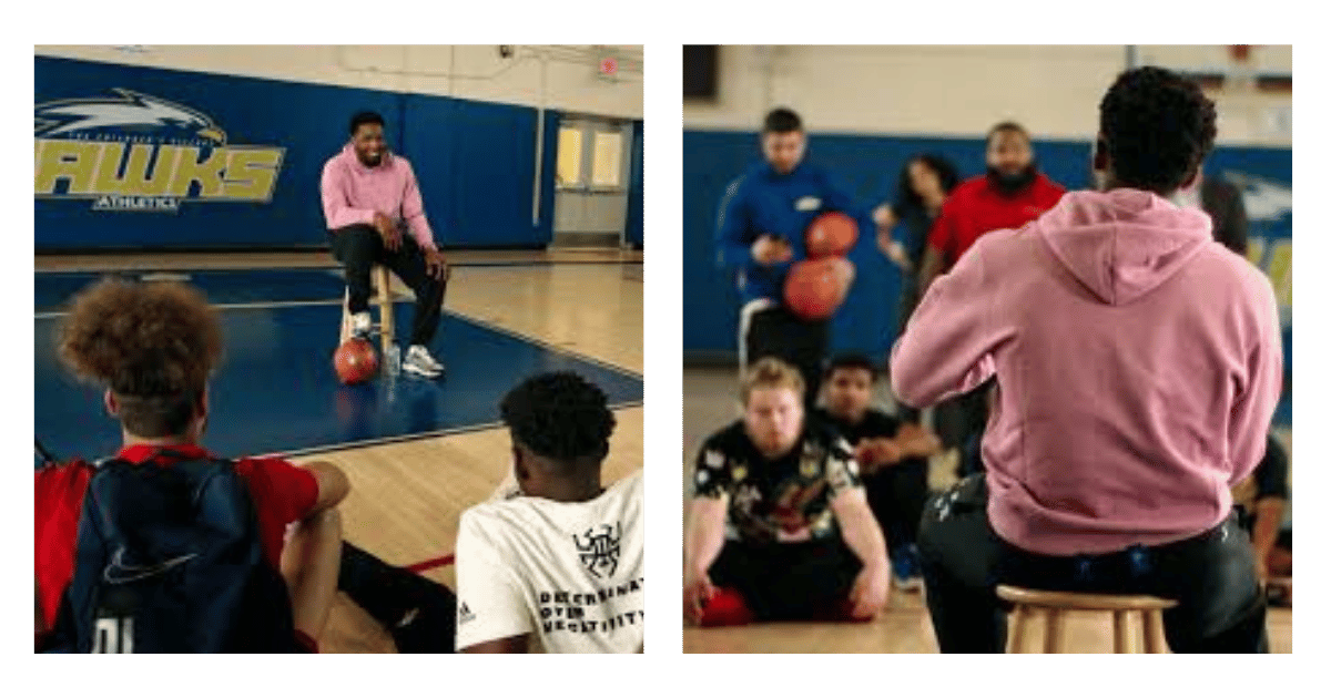 Two photos of Donovan Mitchell chatting with groups of teenagers while holding a basketball